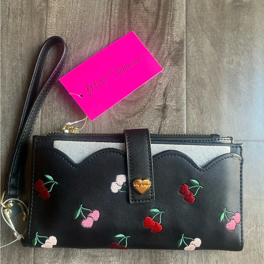 Betsey Johnson Black Cherry Embroidered Wristlet Wallet